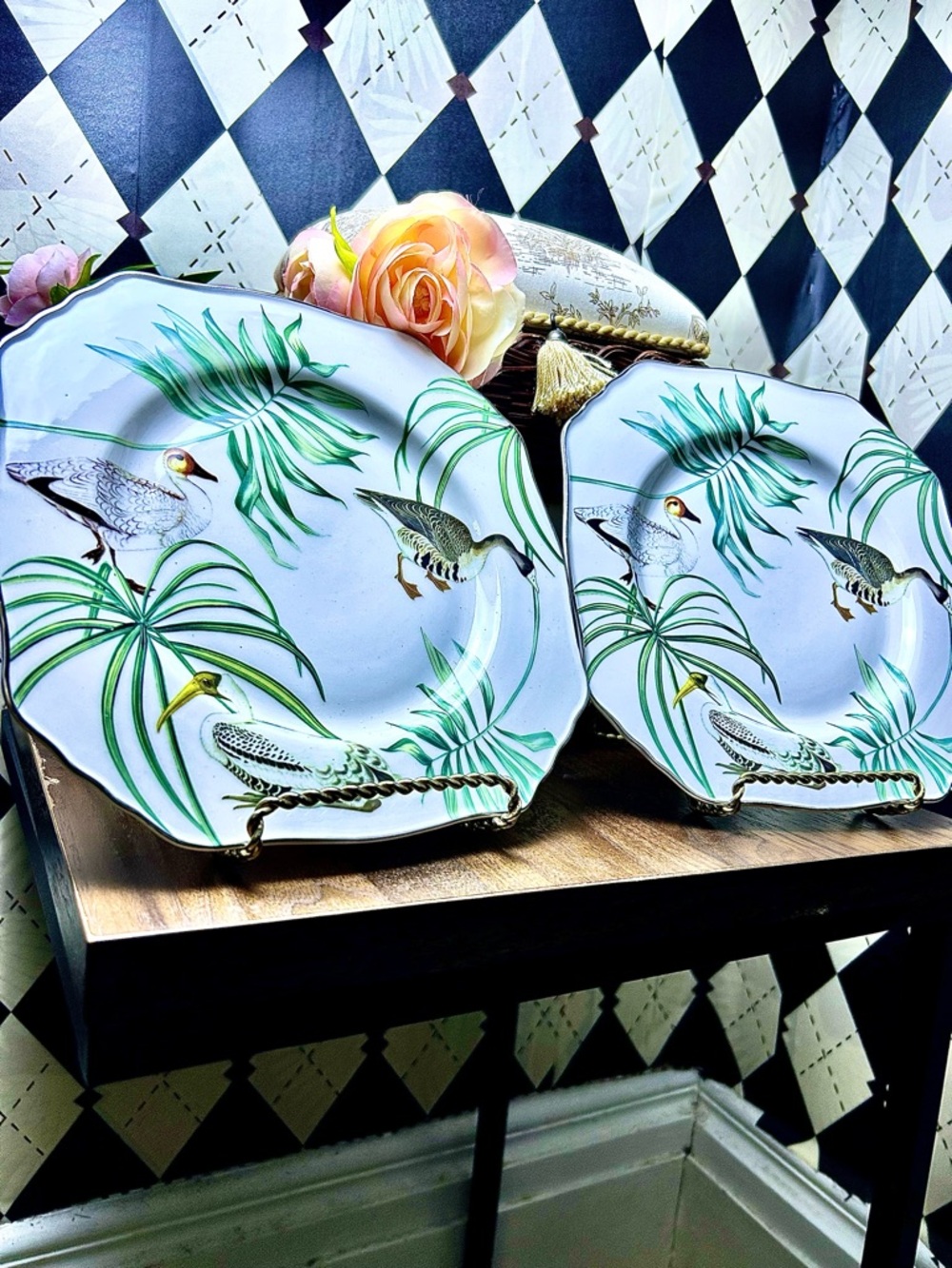 Vintage Tropical Palm & Mallard Porcelain Plates – Octagonal Decorative Pair - Picture 4 of 10